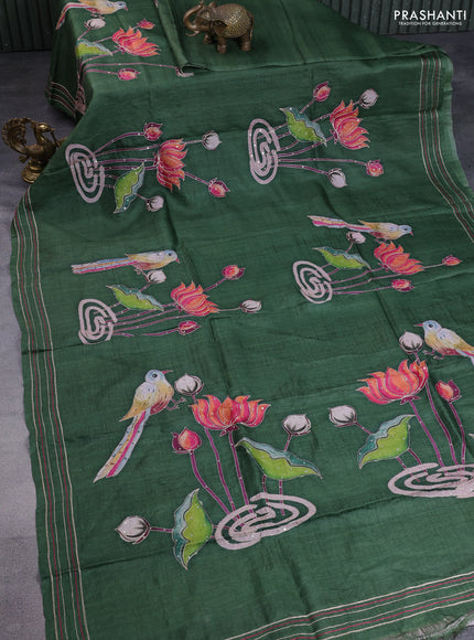 Pure tussar silk saree sap green with pichwai prints & pita work