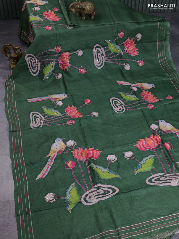 Pure tussar silk saree sap green with pichwai prints & pita work