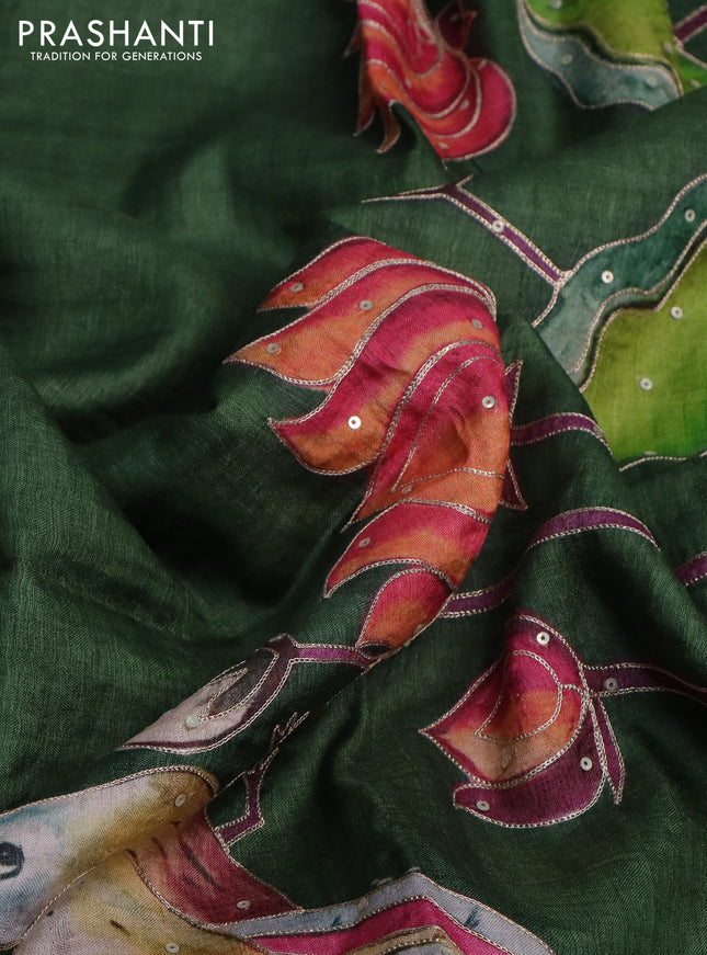 Pure tussar silk saree sap green with pichwai prints & pita work