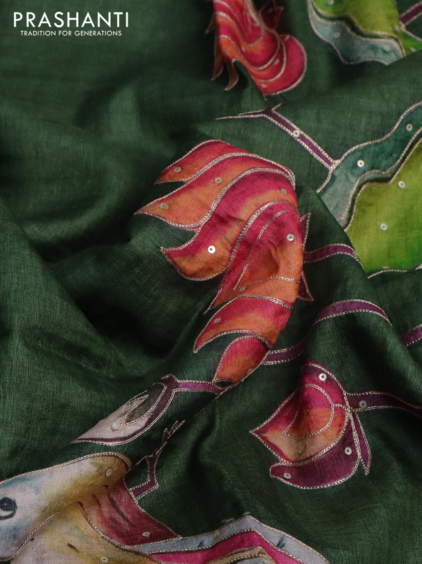 Pure tussar silk saree sap green with pichwai prints & pita work