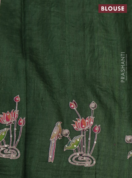 Pure tussar silk saree sap green with pichwai prints & pita work