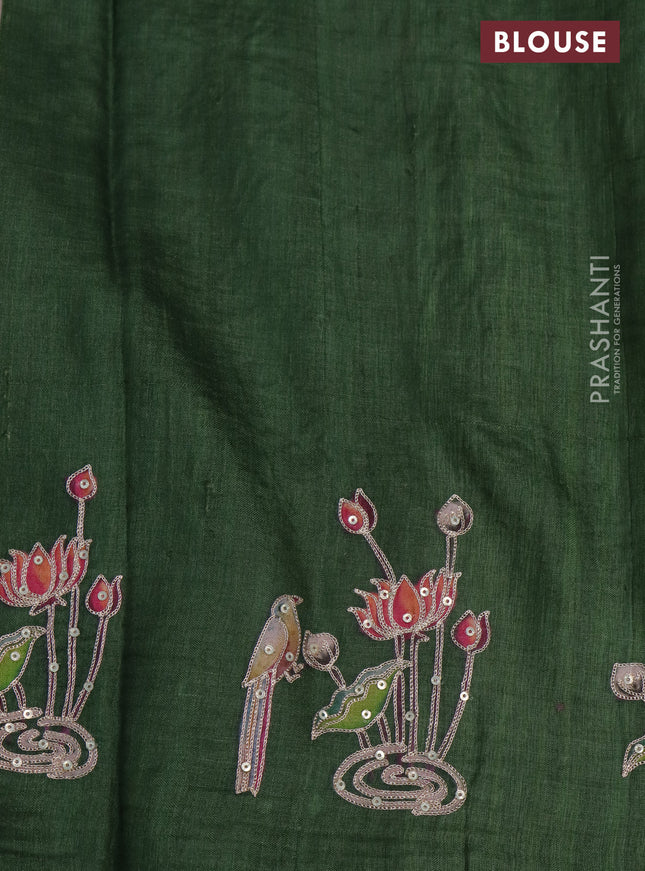 Pure tussar silk saree sap green with pichwai prints & pita work