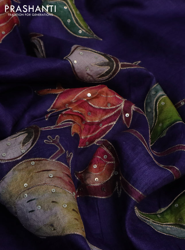 Pure tussar silk saree violet with pichwai prints & pita work