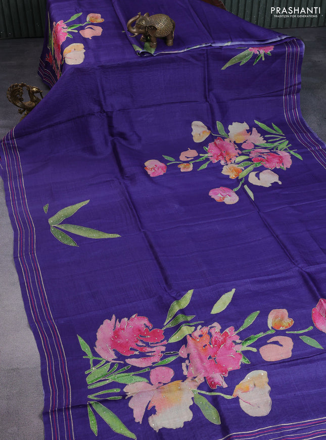 Pure tussar silk saree violet with floral prints & pita work