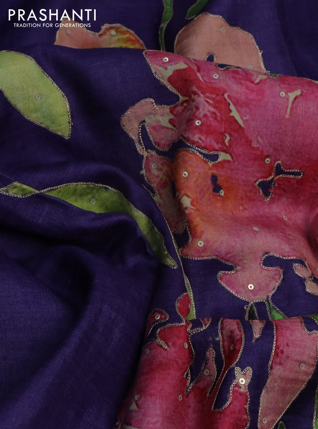 Pure tussar silk saree violet with floral prints & pita work