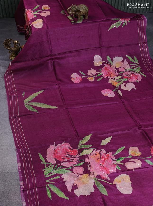 Pure tussar silk saree wine shade with floral prints & pita work