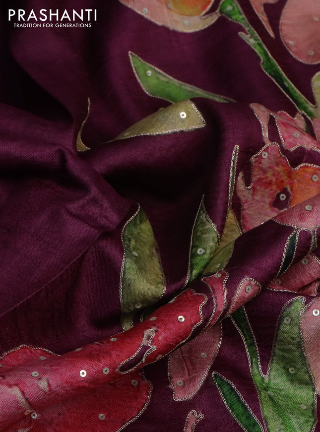 Pure tussar silk saree wine shade with floral prints & pita work