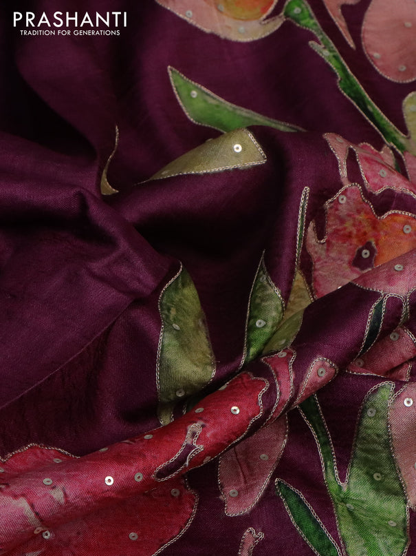 Pure tussar silk saree wine shade with floral prints & pita work