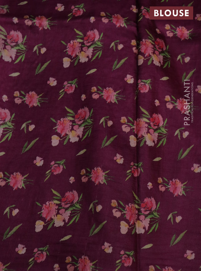 Pure tussar silk saree wine shade with floral prints & pita work