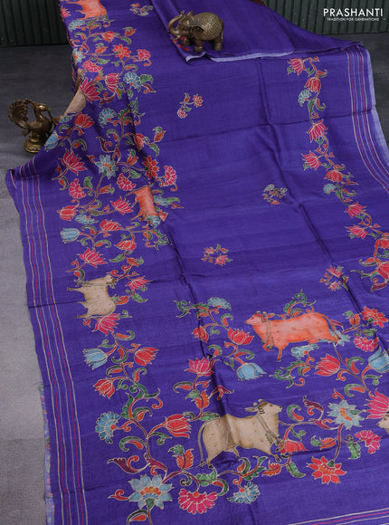 Pure tussar silk saree violet with pichwai prints & pita work