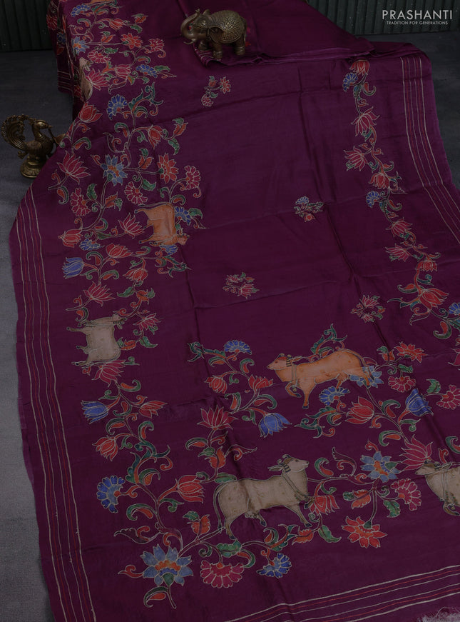 Pure tussar silk saree wine shade with pichwai prints & pita work