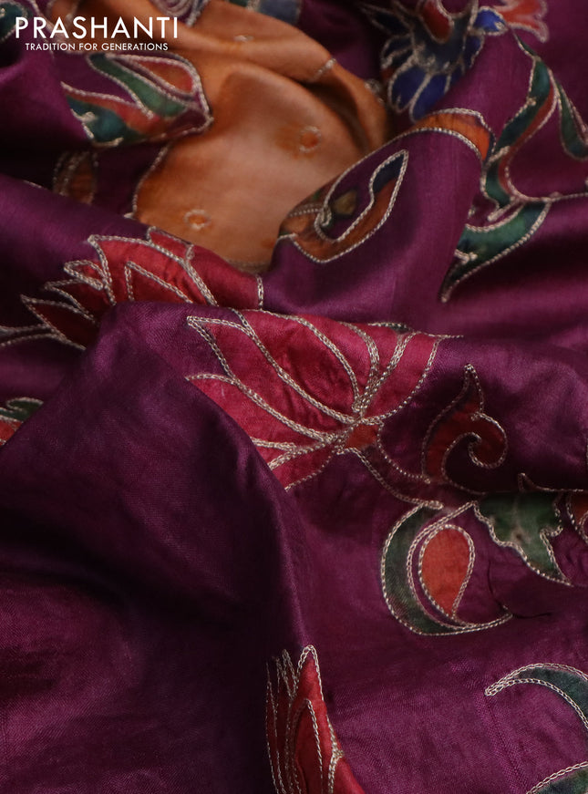 Pure tussar silk saree wine shade with pichwai prints & pita work