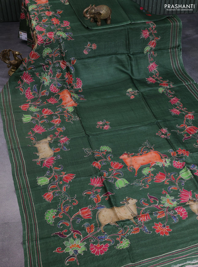 Pure tussar silk saree sap green with pichwai prints & pita work
