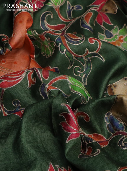 Pure tussar silk saree sap green with pichwai prints & pita work