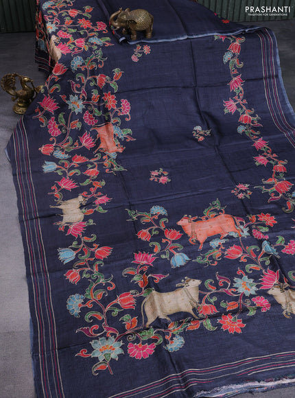 Pure tussar silk saree elephant grey with pichwai prints & pita work