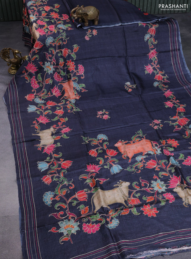 Pure tussar silk saree elephant grey with pichwai prints & pita work