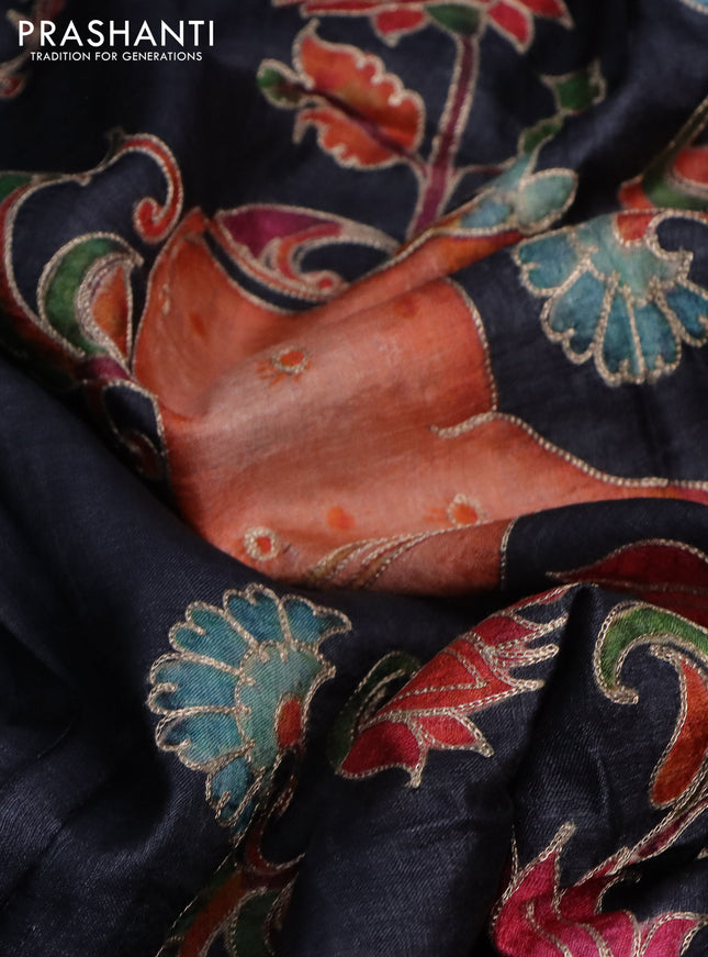 Pure tussar silk saree elephant grey with pichwai prints & pita work