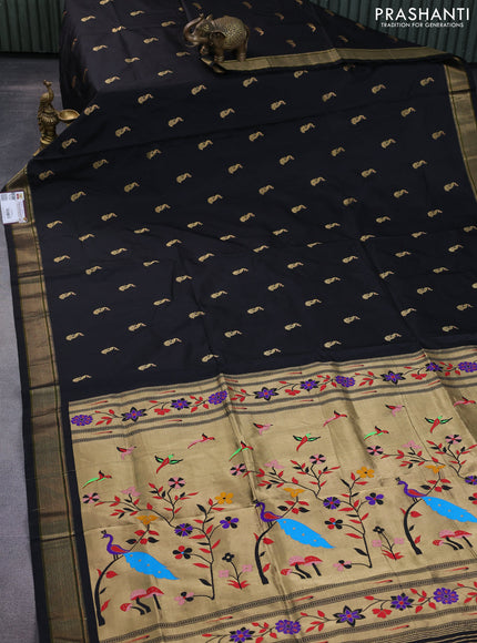 Pure paithani silk saree black with zari woven peacock buttas and paithani design pallu