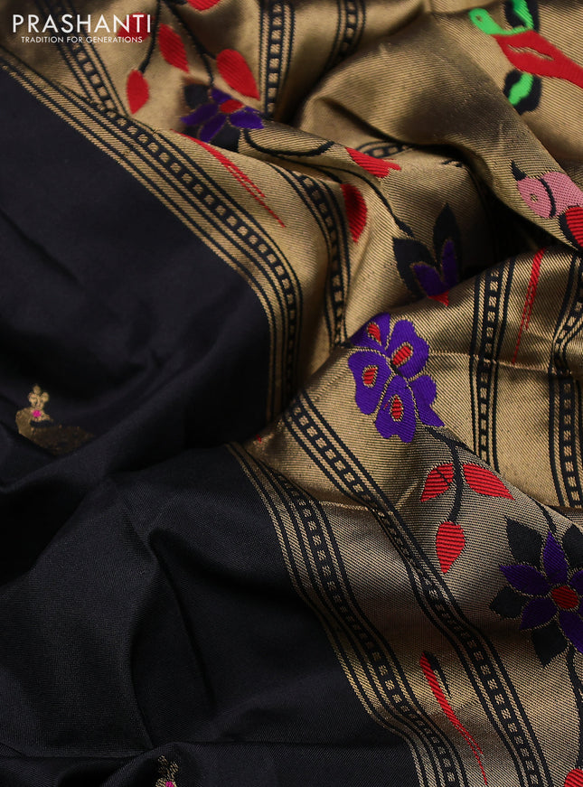 Pure paithani silk saree black with zari woven peacock buttas and paithani design pallu