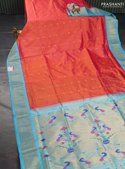 Pure paithani silk saree dual shade of yellow and light blue with allover zari woven buttas and paithani design pallu