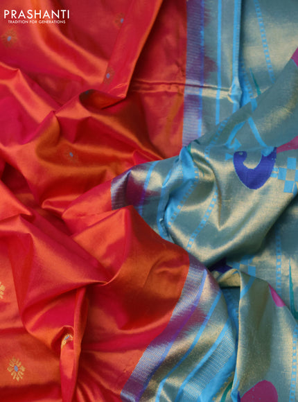 Pure paithani silk saree dual shade of yellow and light blue with allover zari woven buttas and paithani design pallu