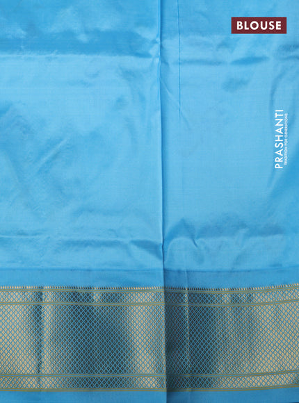 Pure paithani silk saree dual shade of yellow and light blue with allover zari woven buttas and paithani design pallu