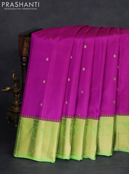 Pure gadwal silk saree purple and light green with zari woven buttas and temple design zari woven border