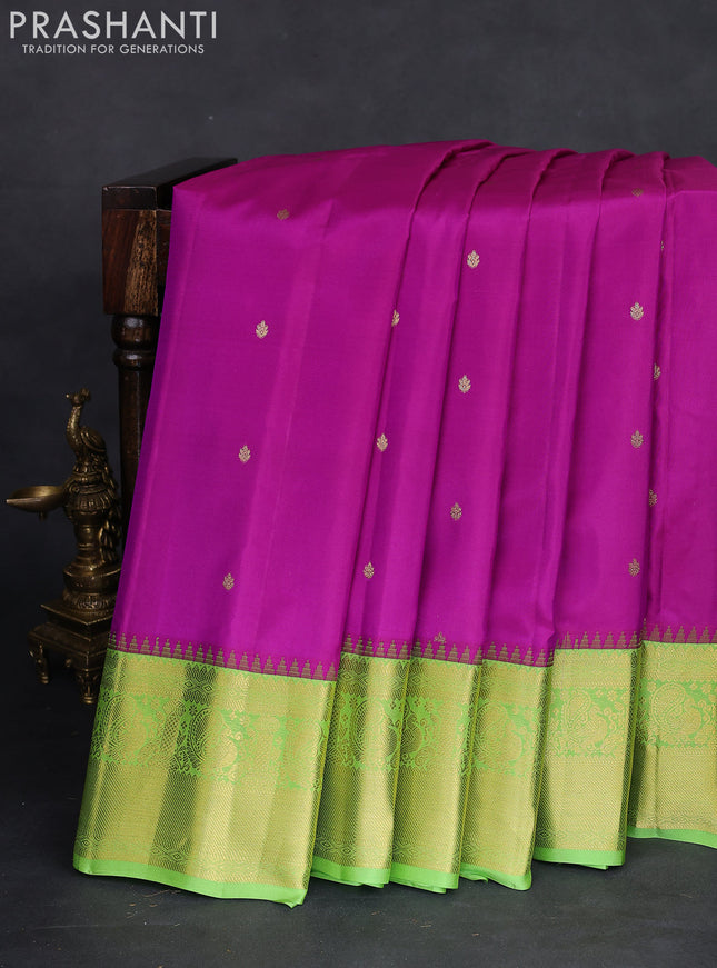 Pure gadwal silk saree purple and light green with zari woven buttas and temple design zari woven border