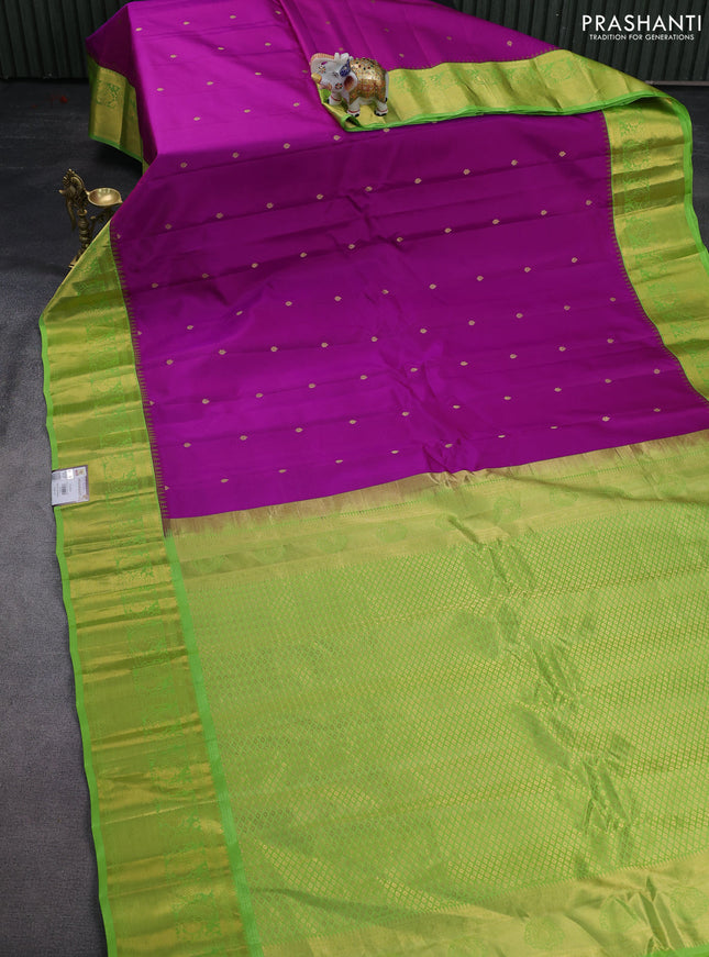 Pure gadwal silk saree purple and light green with zari woven buttas and temple design zari woven border