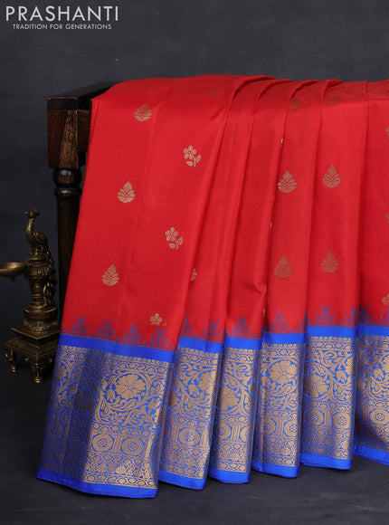 Pure gadwal silk saree maroon and blue with zari woven buttas and temple design zari woven border