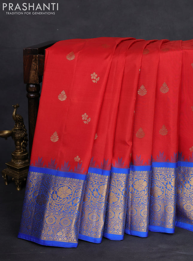 Pure gadwal silk saree maroon and blue with zari woven buttas and temple design zari woven border