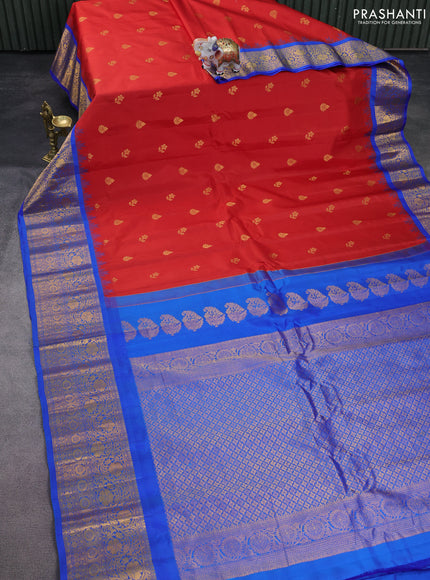 Pure gadwal silk saree maroon and blue with zari woven buttas and temple design zari woven border