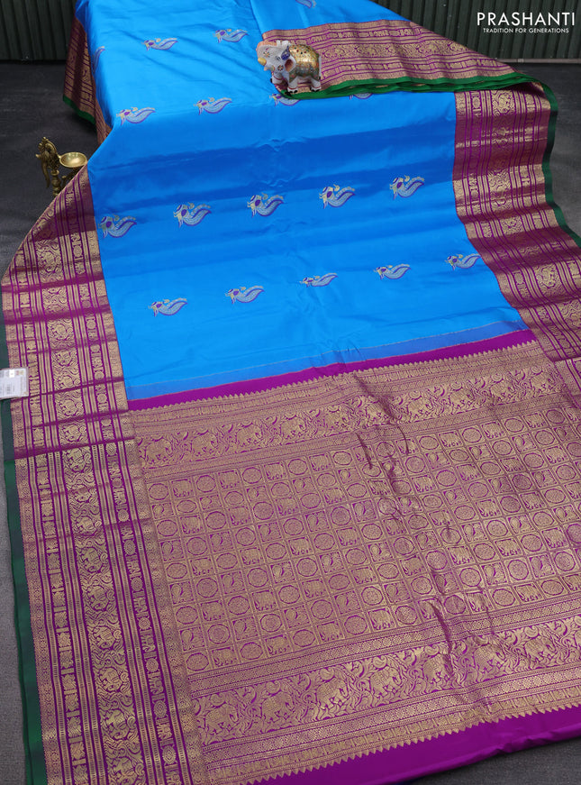Pure gadwal silk saree cs blue and purple with thread & zari woven buttas and long zari woven border