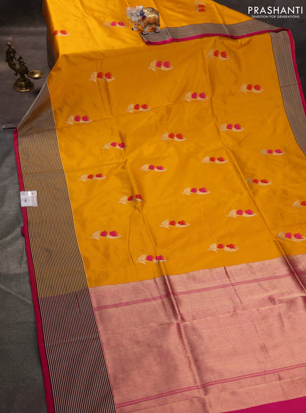 Banarasi katan silk saree mango yellow and pink with thread & zari woven buttas and simple border