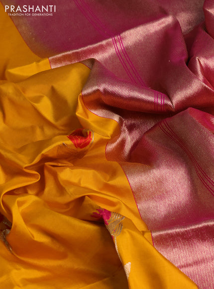 Banarasi katan silk saree mango yellow and pink with thread & zari woven buttas and simple border