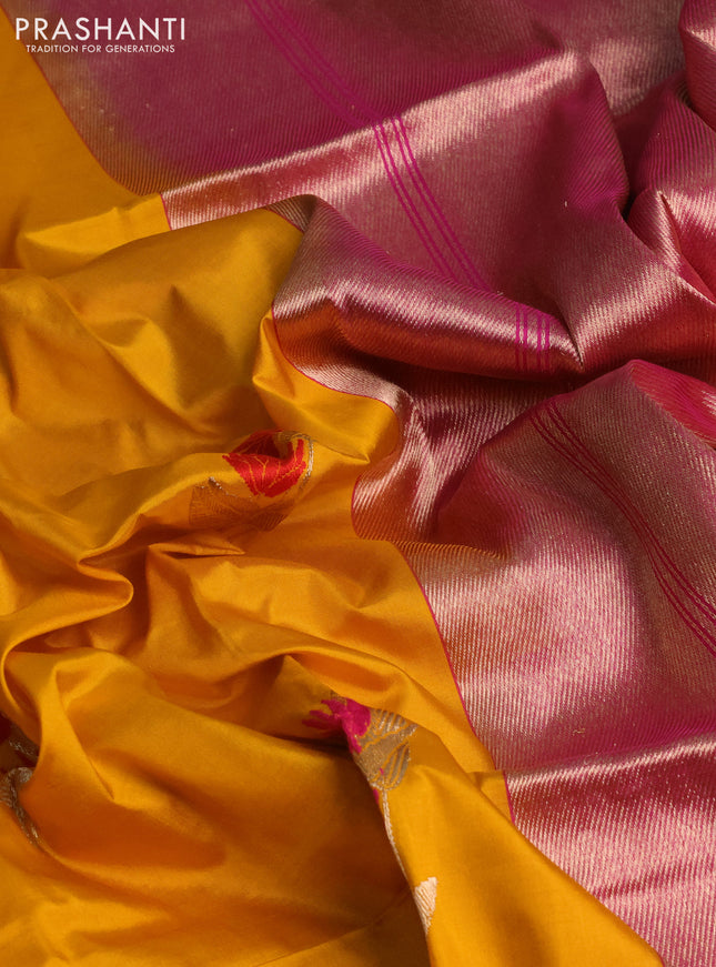 Banarasi katan silk saree mango yellow and pink with thread & zari woven buttas and simple border