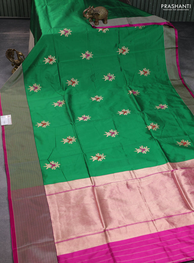 Banarasi katan silk saree green and pink with thread & zari woven floral buttas and simple border