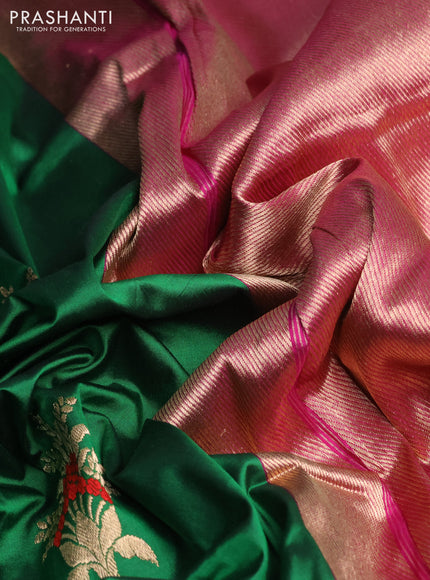 Banarasi katan silk saree green and pink with thread & zari woven floral buttas and simple border
