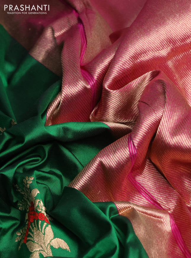 Banarasi katan silk saree green and pink with thread & zari woven floral buttas and simple border
