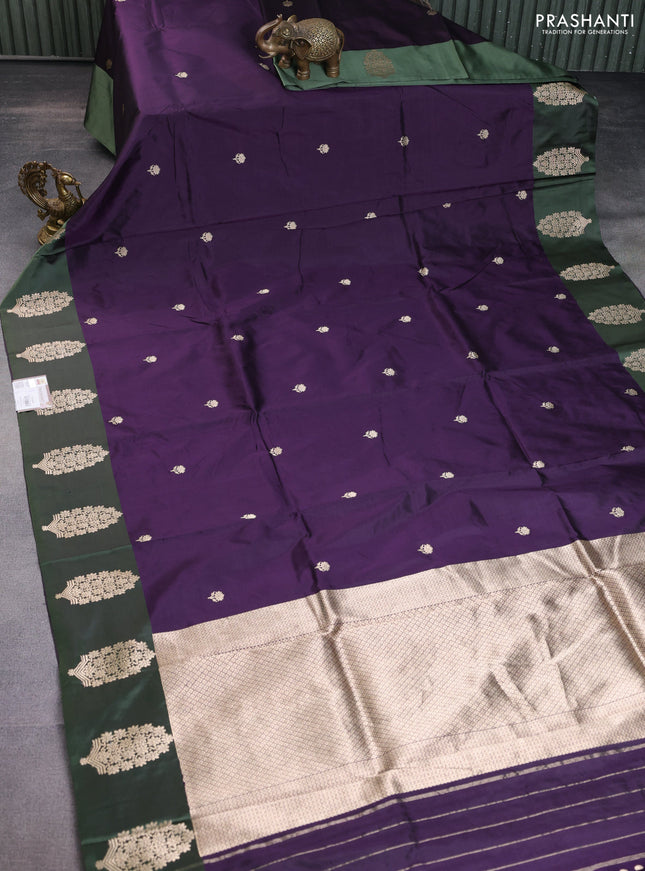 Banarasi katan silk saree deep jamun and green shade with zari woven floral buttas and zari woven butta border