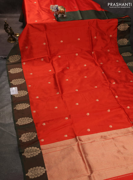 Banarasi katan silk saree reddish orange and greyish green with zari woven floral buttas and zari woven butta border
