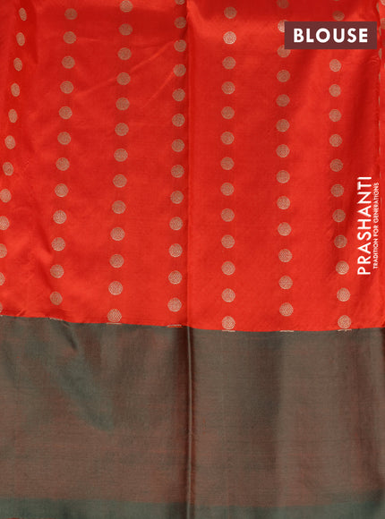 Banarasi katan silk saree reddish orange and greyish green with zari woven floral buttas and zari woven butta border