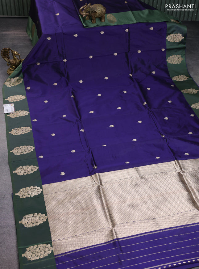 Banarasi katan silk saree dark blue and green shade with zari woven floral buttas and zari woven butta border