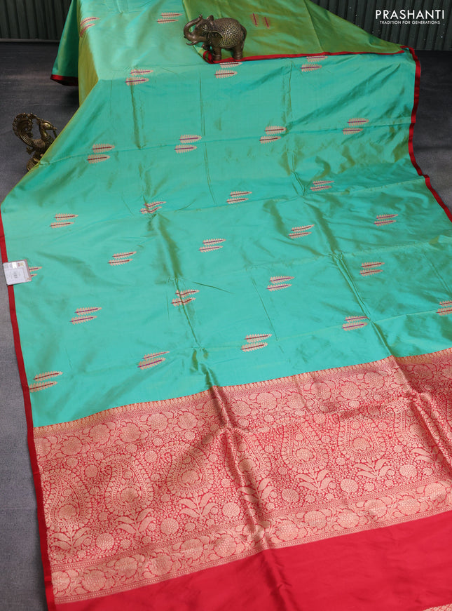Banarasi katan silk saree teal green and red with copper zari woven buttas and piping border