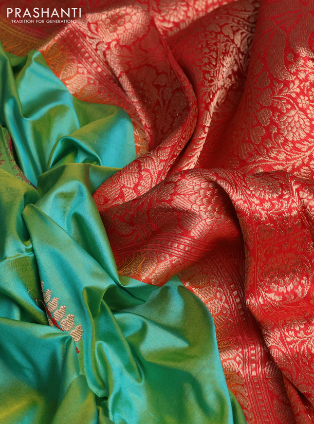 Banarasi katan silk saree teal green and red with copper zari woven buttas and piping border