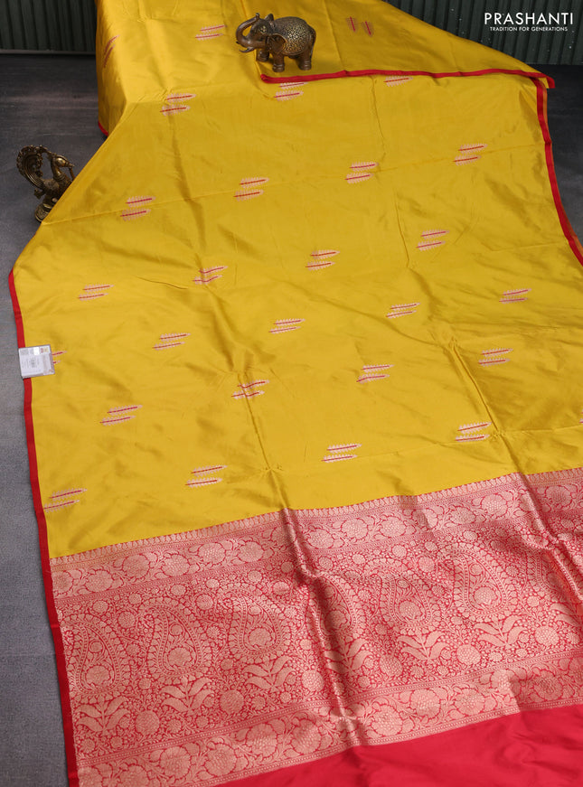 Banarasi katan silk saree yellow and red with copper zari woven buttas and piping border