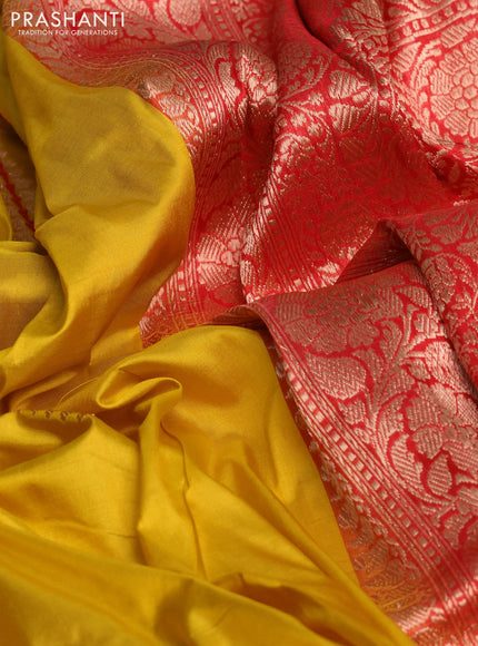 Banarasi katan silk saree yellow and red with copper zari woven buttas and piping border