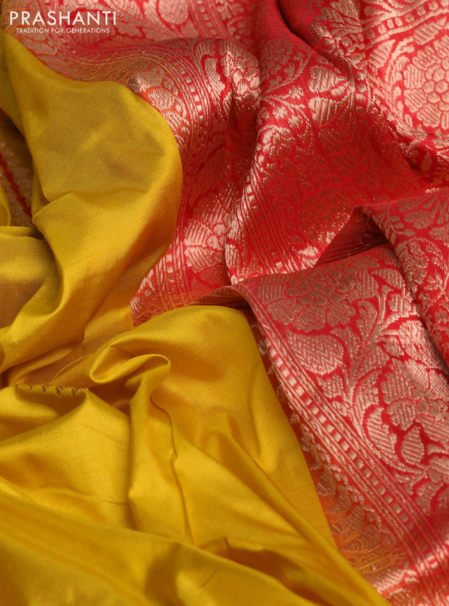Banarasi katan silk saree yellow and red with copper zari woven buttas and piping border