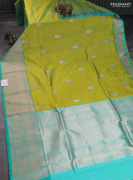 Banarasi katan silk saree light green and teal green with zari woven floral buttas and zari woven border