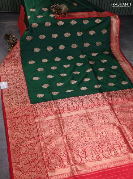 Banarasi katan silk saree green and red and copper zari woven buttas and copper zari woven border
